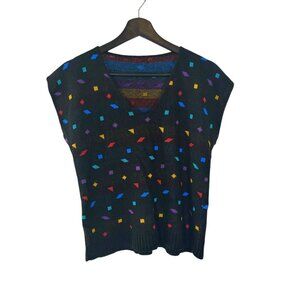 Vintage 80s Black Multicolor Print Wide Shoulder Knit Top Medium